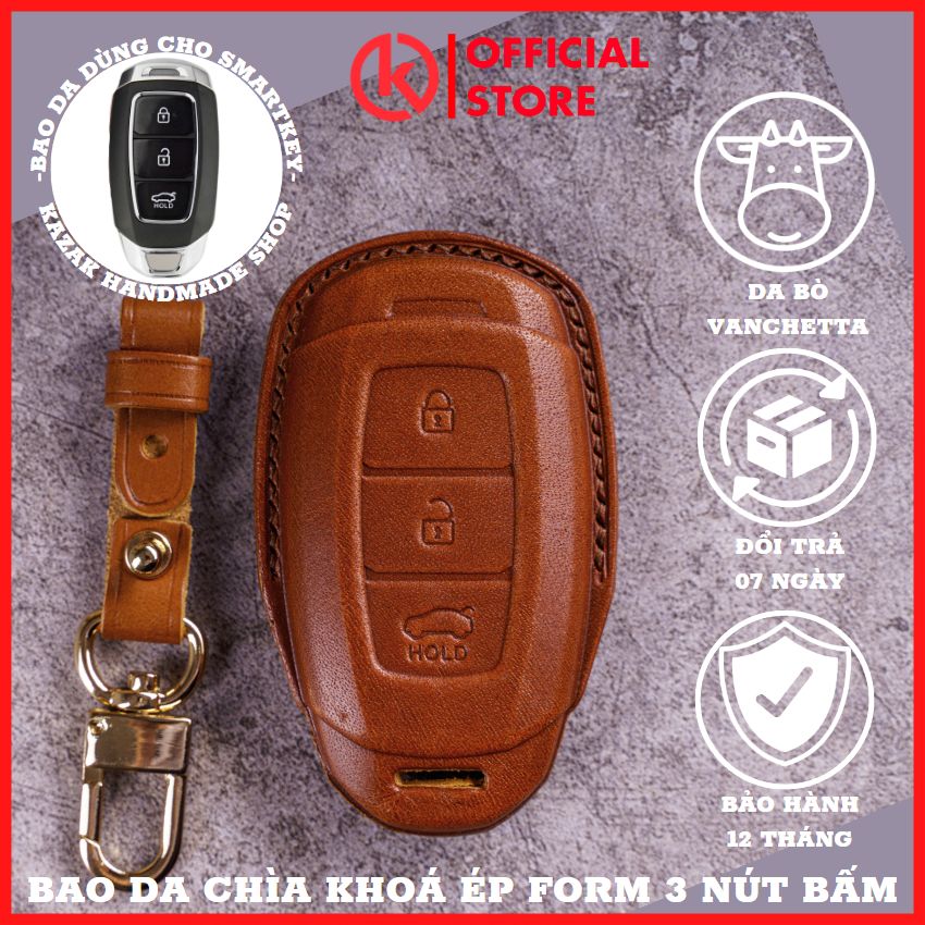 Bao da chìa khoá ép form smartkey ô tô hyundai kona, santafe 2018 - 2020, accent 3 nút bấm ốp chìa khoá da thật bọc chìa khoá xe ô tô nhiều mầu đồ da thủ công kazak huy-d3