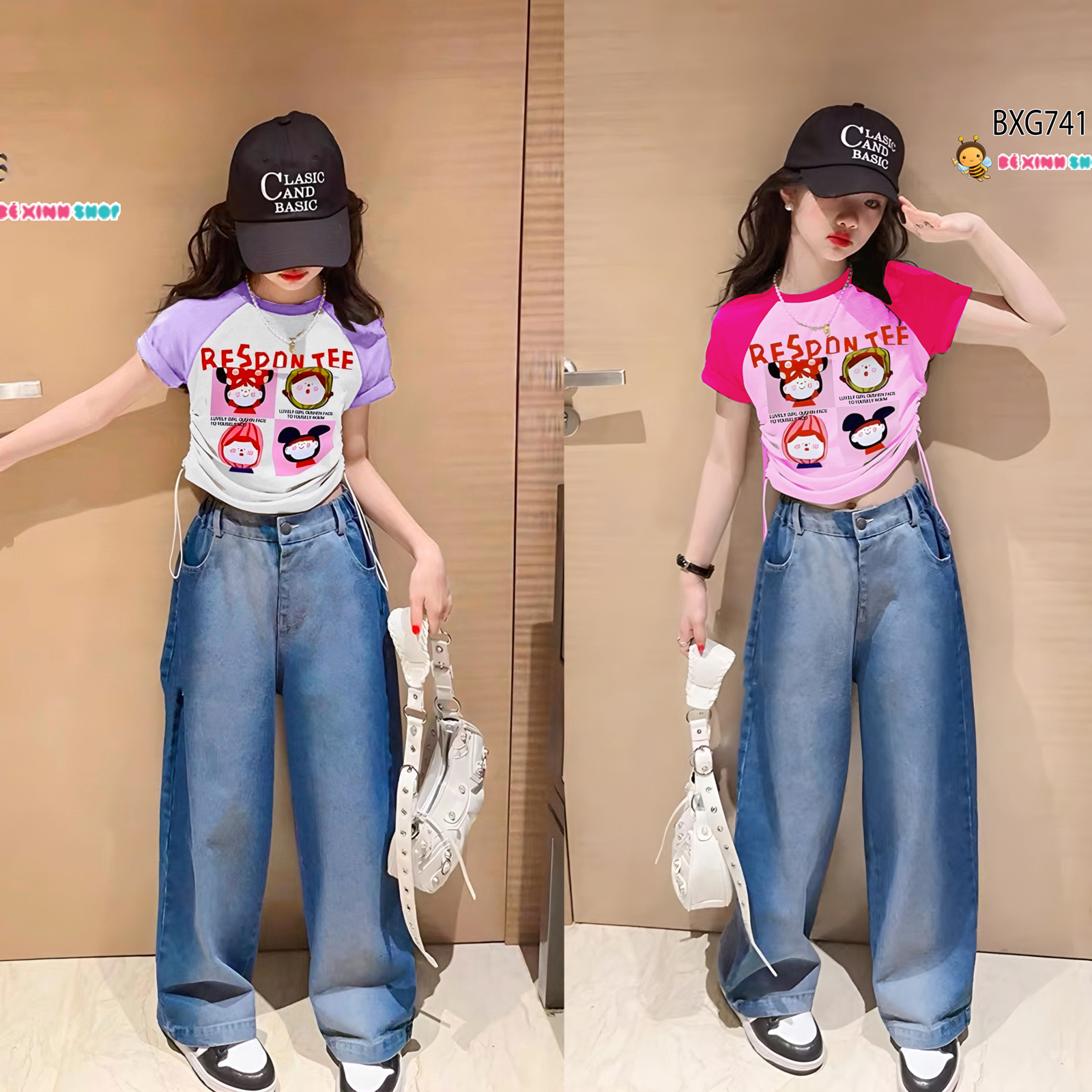 Set jeans bé gái áo rút dây responte quần ống suông cho bé đi học, đi chơi bxg740