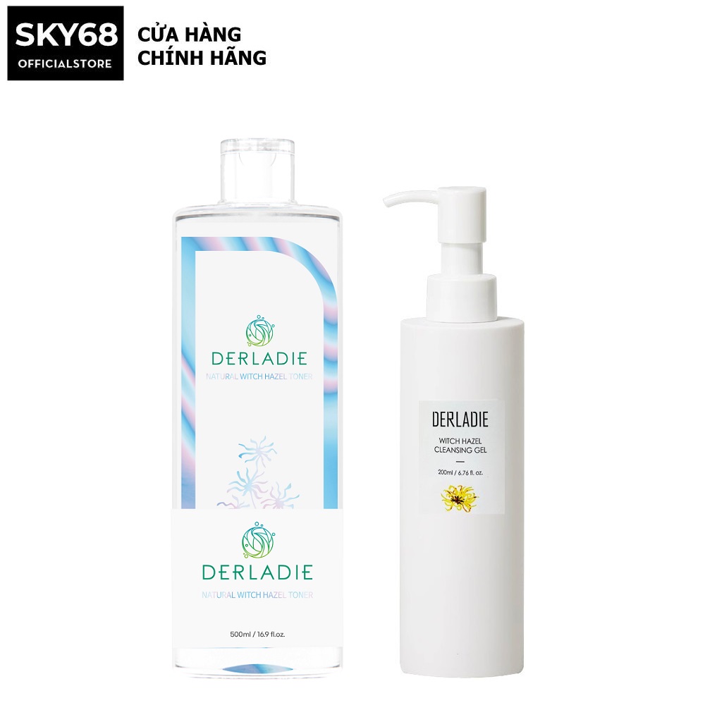 Combo sữa rửa mặt + nước hoa hồng dưỡng ẩm, dịu nhẹ chiết xuất cây phỉ derladie natural witch hazel