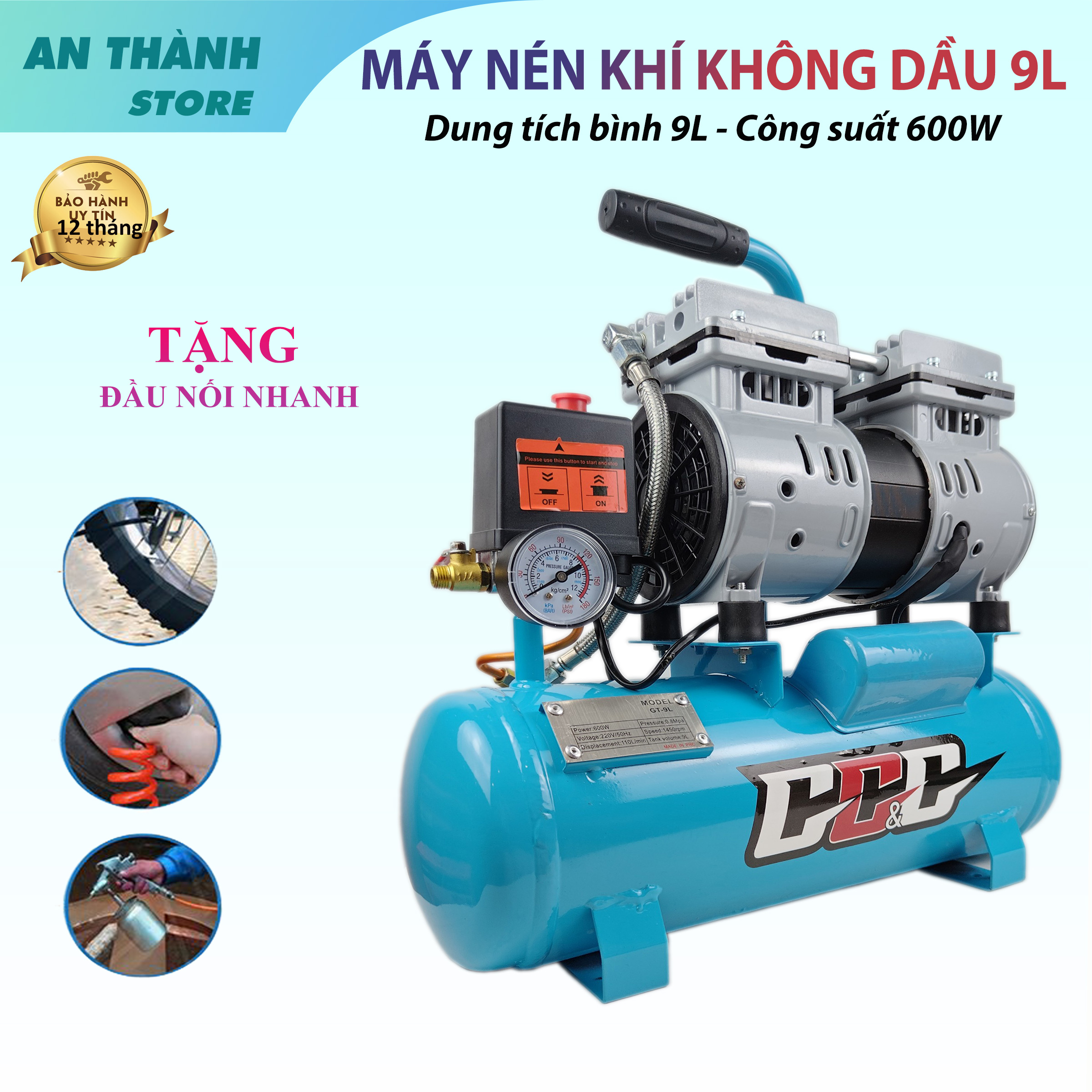 Máy nén khí không dầu công suất 600w GT9L, Bình hơi mini dung tích 9 lít chính hãng cao cấp