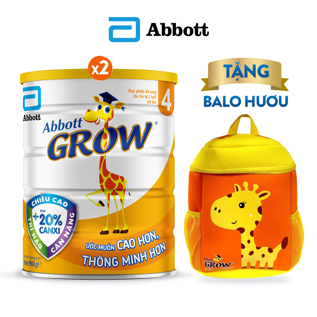 Bộ 2 lon sữa bột Abbott Grow 4 900g Tặng balo hươu