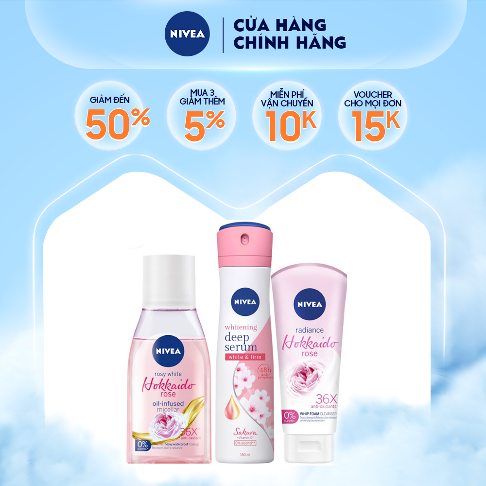 Bộ sản phẩm chăm sóc da và cơ thể chiết xuất hoa hồng Hokkaido Nivea: Nước tẩy trang 125ml, Xịt ngăn mùi 150ml & Sữa rửa mặt 100g