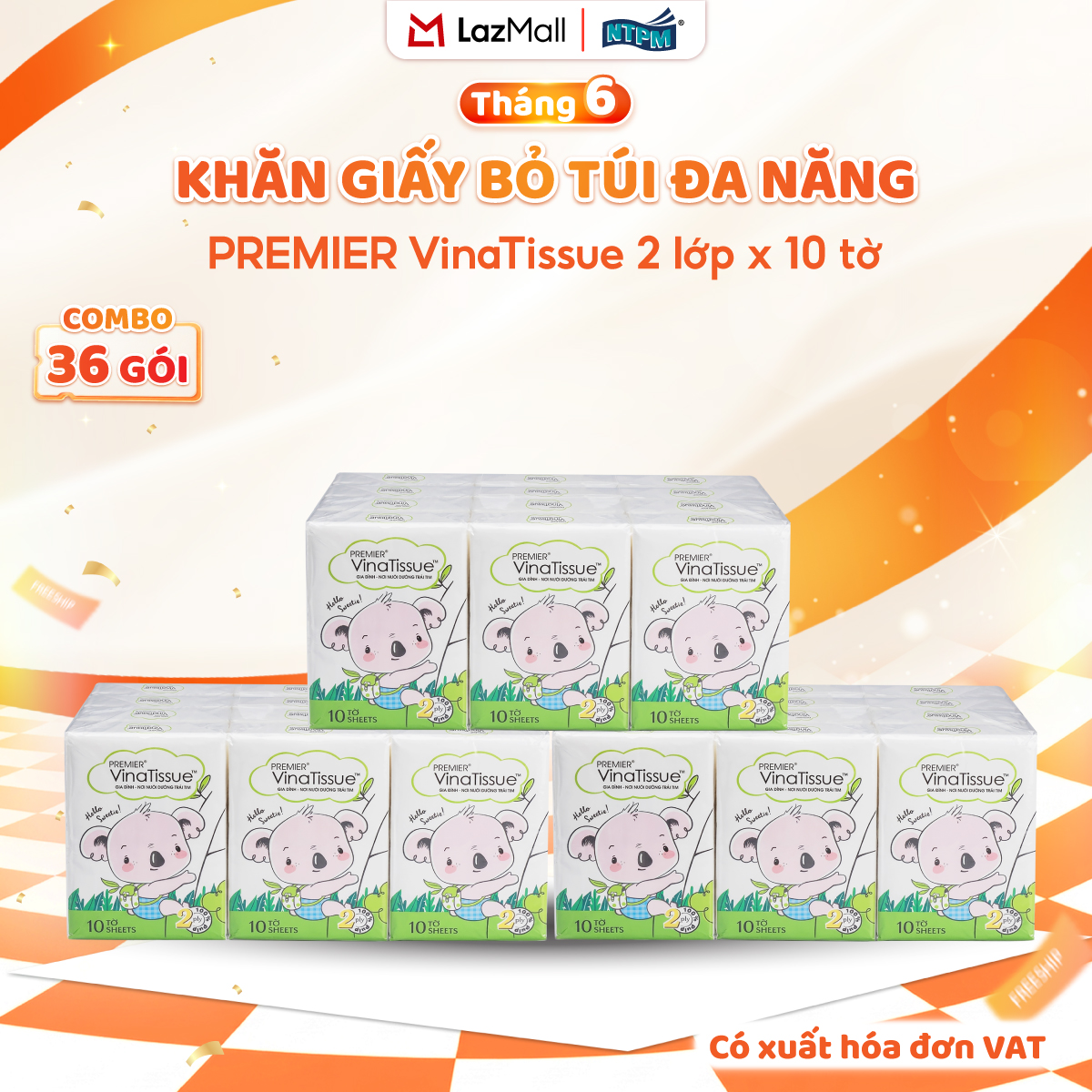 [COMBO 3 LỐC] Khăn giấy bỏ túi đa năng PREMIER VinaTissue, 2 lớp - 100% bột giấy nguyên sinh, không chất tẩy, 10 gói/lốc – Chính hãng