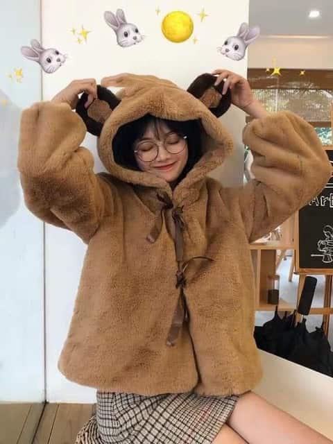 [HCM]Áo Khoác Lông Mũ Gấu Buộc Nơ Dễ Thương( Trắng và Nâu)