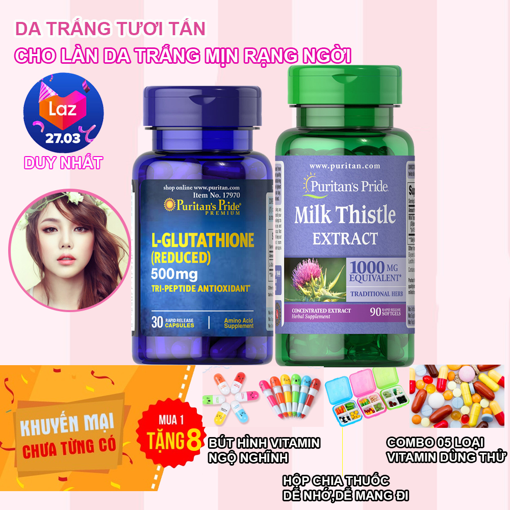 Combo Viên uống giải độc cơ thể, sạch nám tàn nhang, giải độc gan Milk Thistle 90 viên L-Glutathione Puritan's Pride