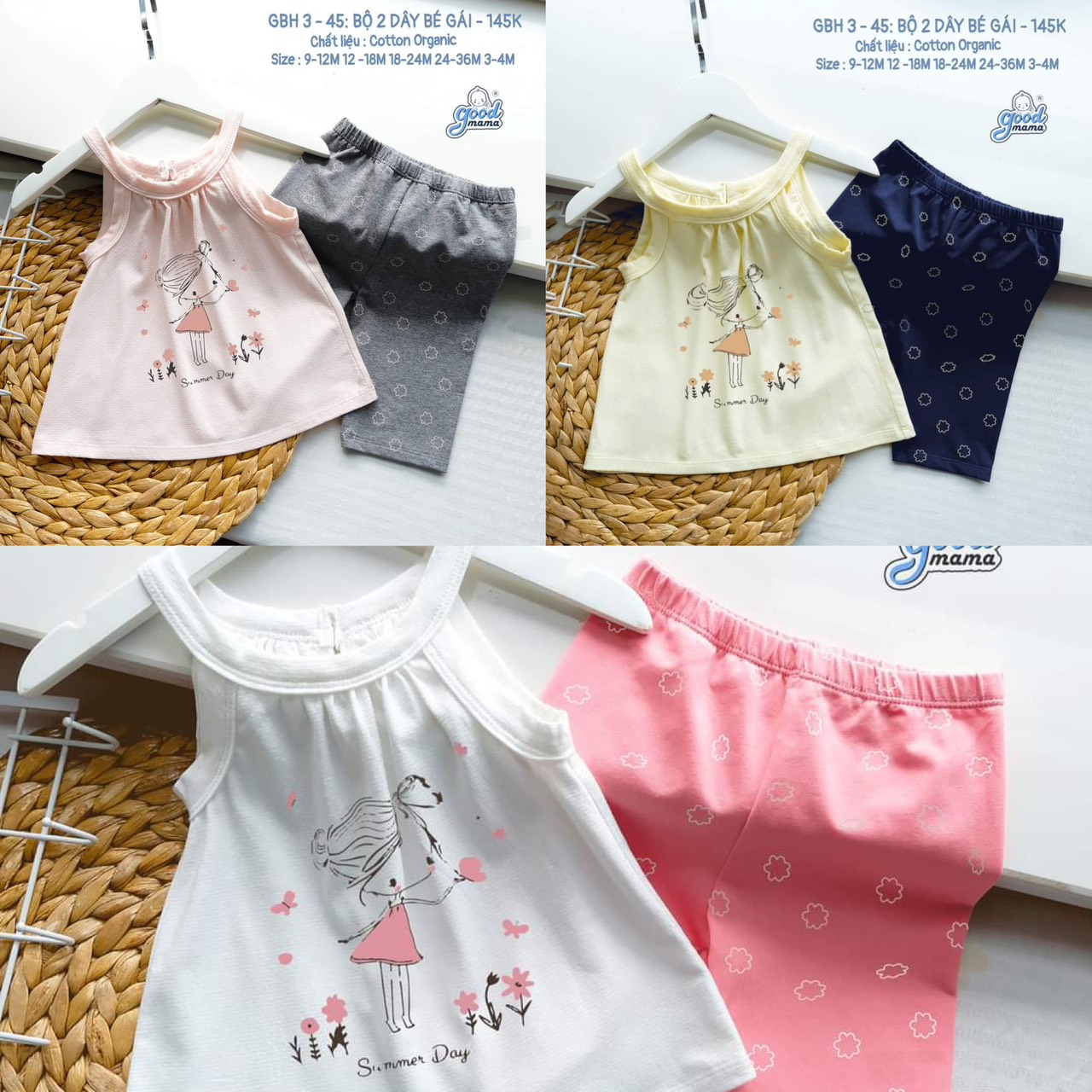 GOODMAMA - Bộ quần áo 2 dây cho bé gái từ 6 tháng đến 3 tuổi