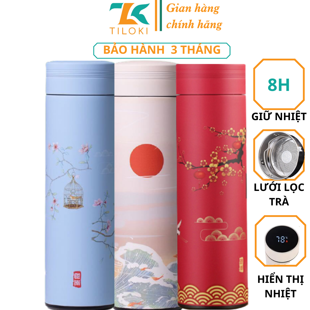 Bình giữ nhiệt 4 lớp hiển thị nhiệt độ họa tiết cổ Trung Hoa TiLoKi TGN 05 dung tích 500ml (giao ngẫu nhiên)