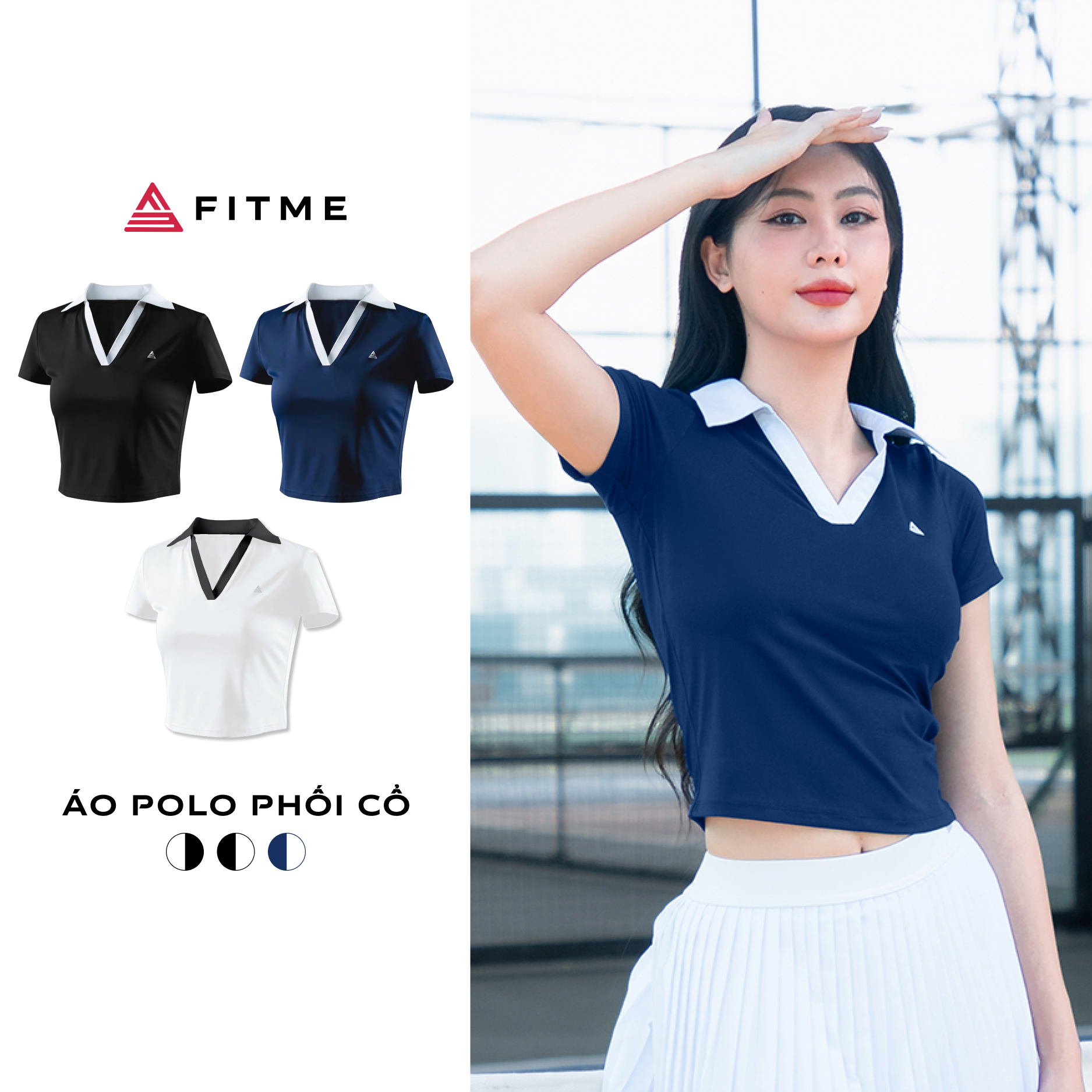 Áo polo thể thao nữ Fitme GOC phối cổ chất liệu co giãn chơi pickleball cầu lông, tennis ABPL01