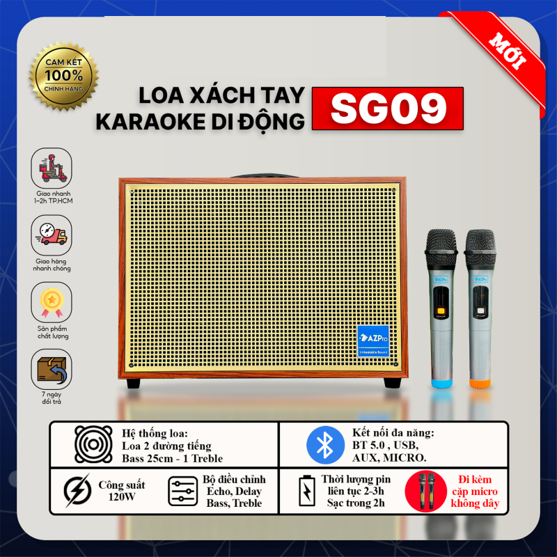 Loa Karaoke Xách Tay Di Động AZProSG09 Loa 2 Đường Tiếng Công Suất Lên Đến 120w Và Bass 25cmÂm Thanh Mạnh MẽBass HayTích Hợp Bluetooth 5.0 Usb Aux.Tặng Kèm 2 Micro Không Dây Hát Cực Mượt.Bảo Hành 12 Tháng