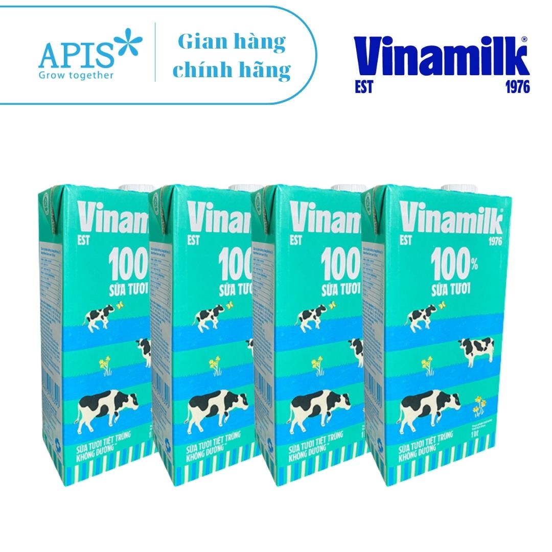 Combo 4 hộp sữa tươi tiệt trùng vinamilk không đường - dung tích 1l