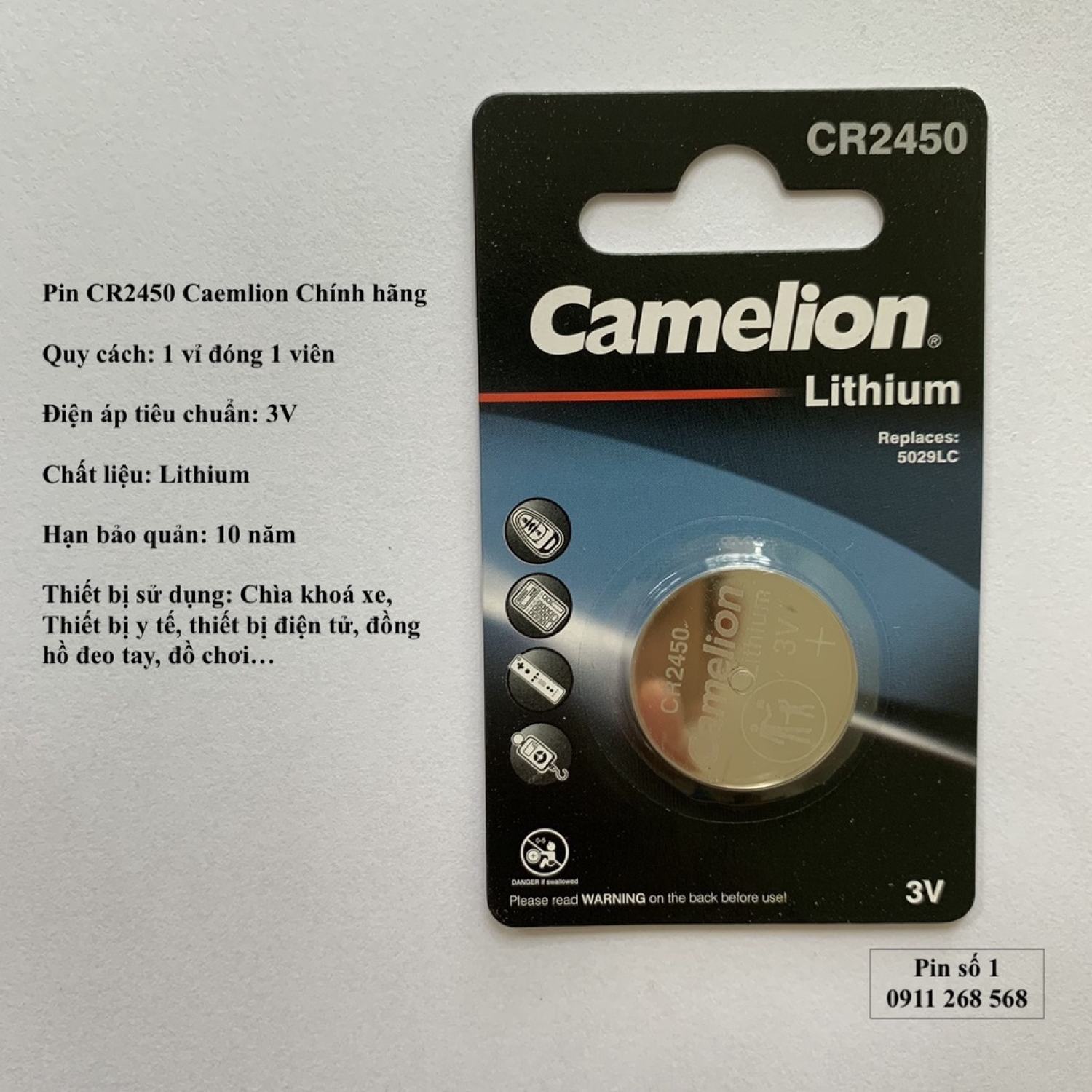 Vỉ 1 viên pin 3v lithium cr2450 camelion chính hãng
