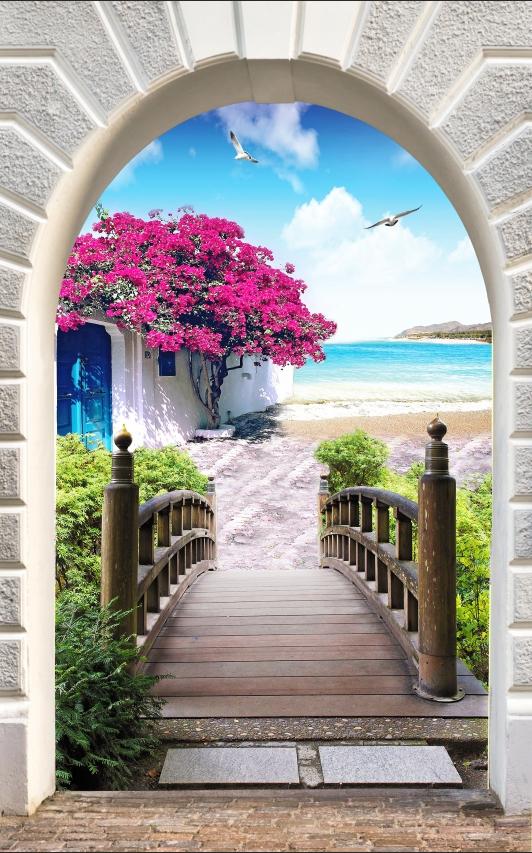 Tranh dán tường khổ dọc VTC Cổng vòm Địa Trung Hải UD0212 Kim sa nghệ thuật