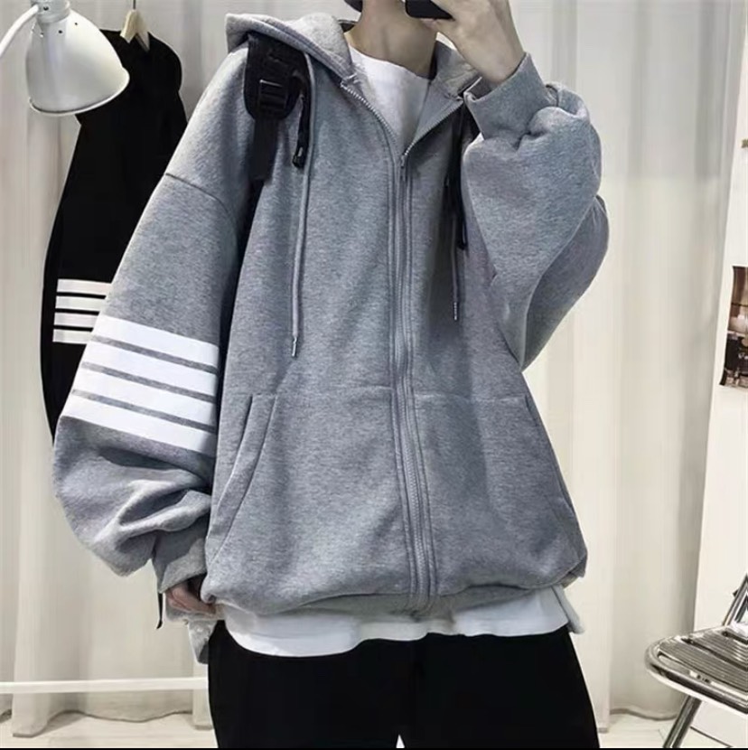 Áo Khoác Hoodie Unisex THOM 4 Sọc Kiểu Zip Kéo Phối Nón Rộng Vải Nỉ Xịn Phong Cách Ulzzang Hàn Quốc Hot Trend Mớ