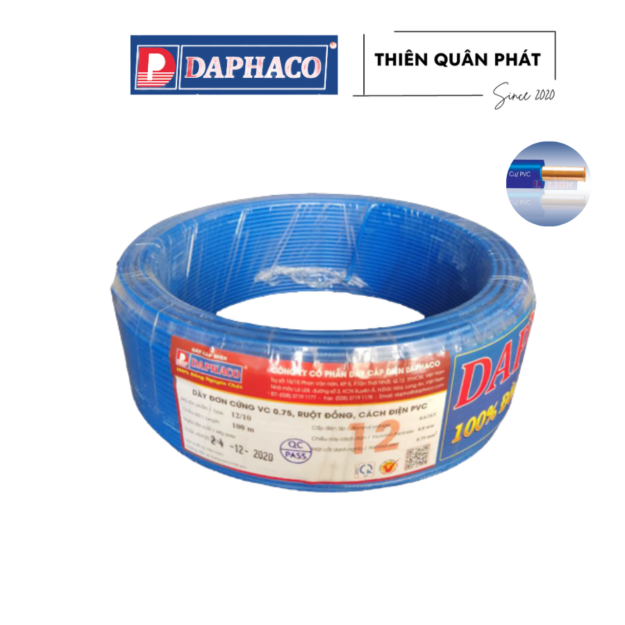Dây điện đơn cứng Daphaco 0.75 mm với cấu tạo bởi 1 lõi đồng cứng