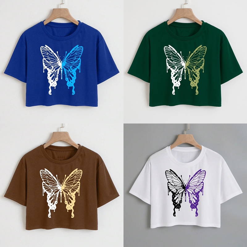 Áo thun croptop nữ tay ngắn cổ tròn in hình bướm M153