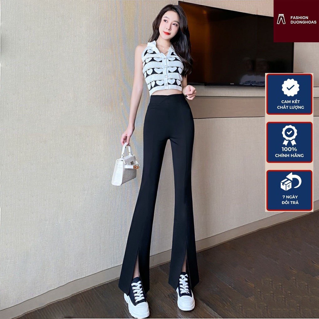 Quần ống loe xẻ gấu trước cạp cao tôn dáng màu đen - Quần tây ống loe lưng cao xẻ tà ống vẩy cá-mã 8009