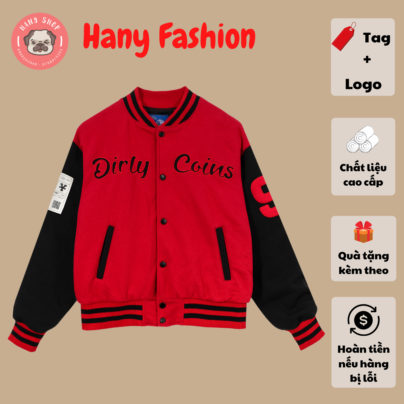 Áo Khoác Bomber DirtyCoins Embroidered Varsity Jacket Red Nam Nữ size XL form 70-90kg phối 2 màu đỏ đen Hany Fashion BB01
