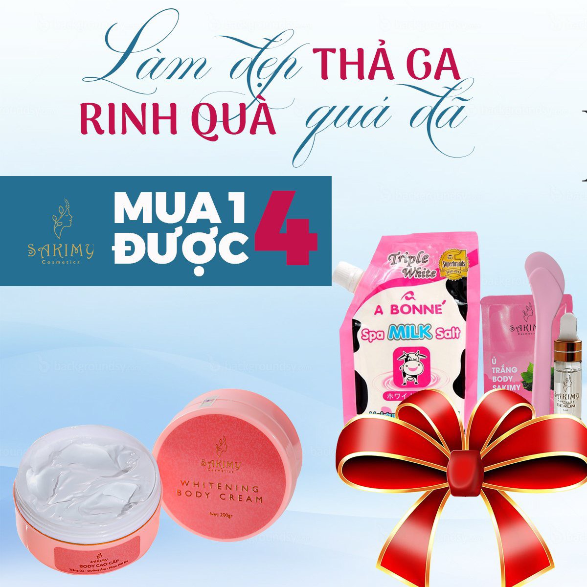 Combo gồm 1 hộp Kem body trắng da Sakimy 200gr tặng 1 chai serum kích trắng + 1 gói ủ trắng Sakimy + 1 muối tẩy tbc + 1 muỗng .