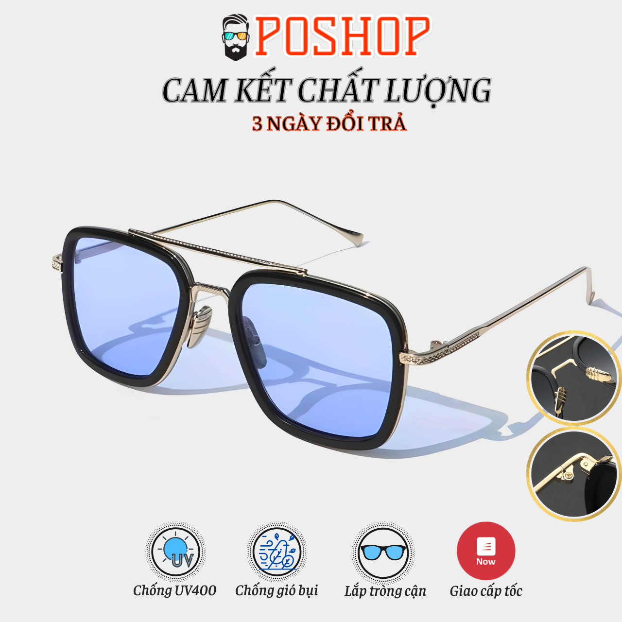 Kính mát nam nữ cao cấp kính râm thời trang gọng mắt vuông tròng polaoird chống chói tia uv màu sắc hot trend dễ đeo IRON MAN - POSHOP