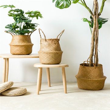 Giỏ cói trồng cây nhiều Size, Giỏ đựng quần áo có quai xách HANHDECOR, giỏ decor nhà cửa đựng đồ cất gọn