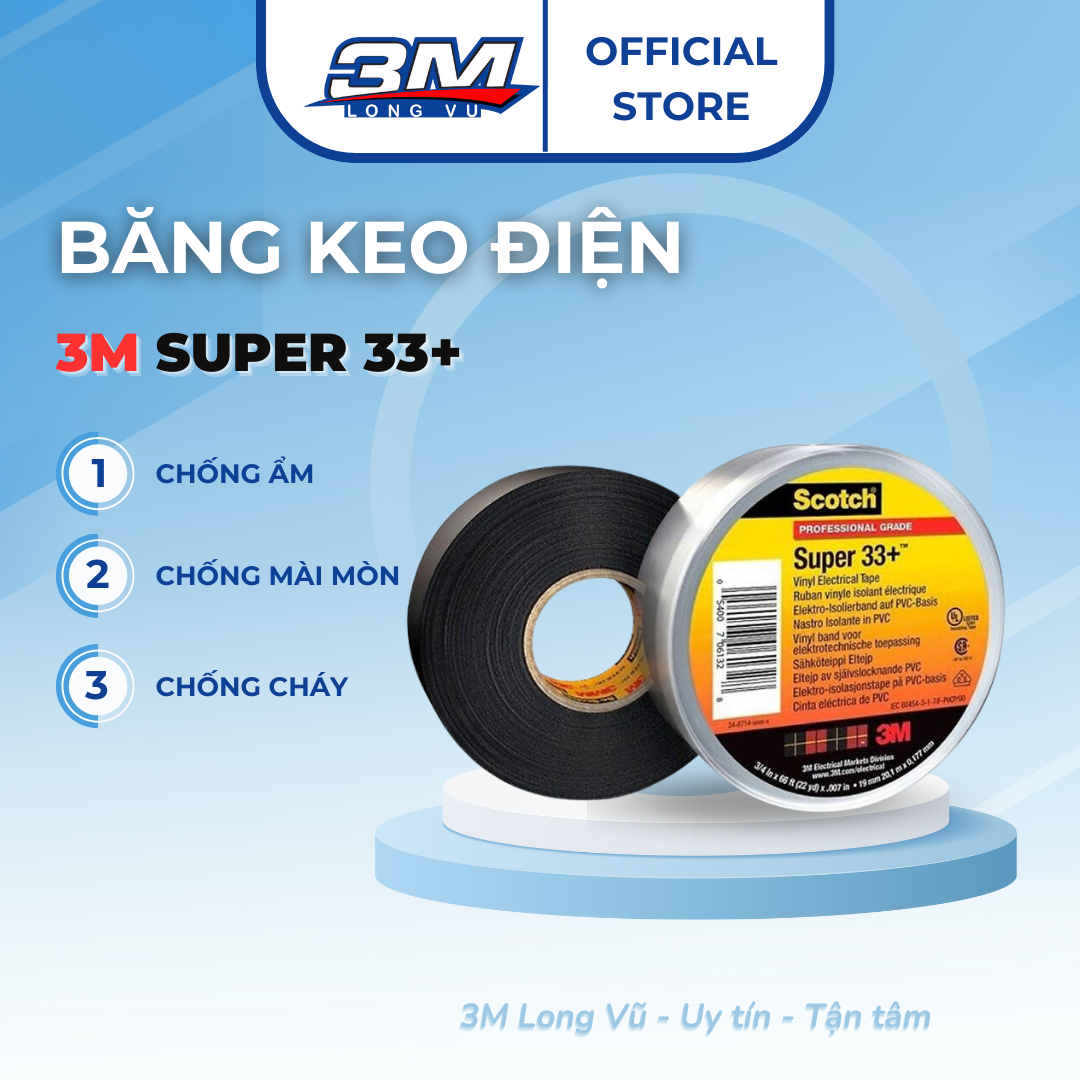 Băng Keo Điện 3M Super 33 Màu Đen Có Khả Năng Chống Cháy, Thích Hợp Với Mọi Thời Tiết - 3M Long Vu