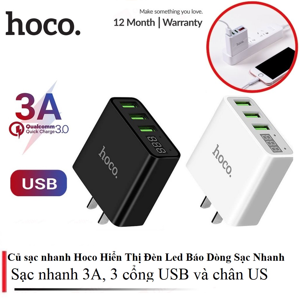 Củ sạc nhanh tự ngắt khi sạc đầy 3 cổng sạc usb Hoco C15 chính hãng