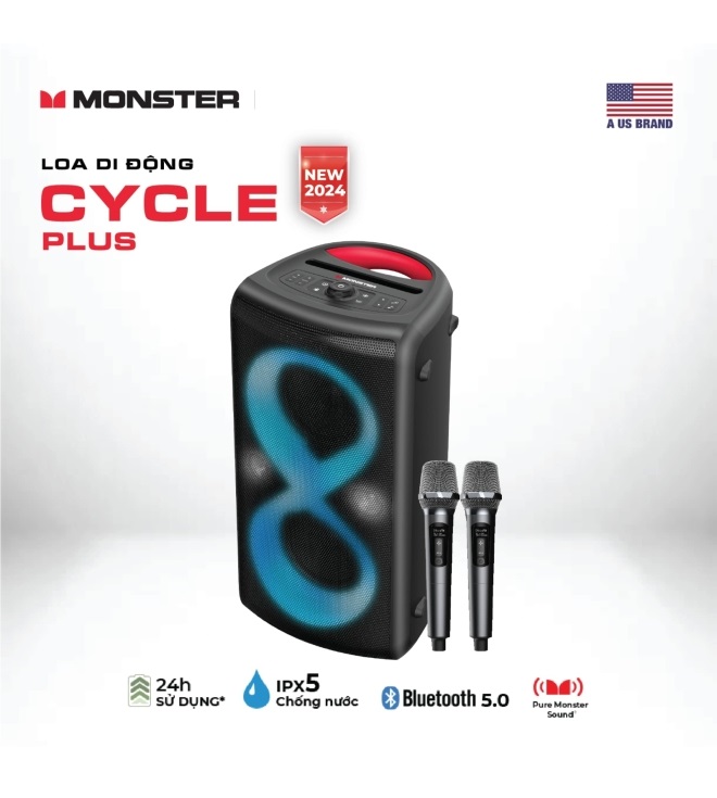 Loa karaoke 2 mic hãng monster cycle plus , công suất 120w, bluetooth 5.1 ,tws/monster cycle công suất 80w kèm 2 míc