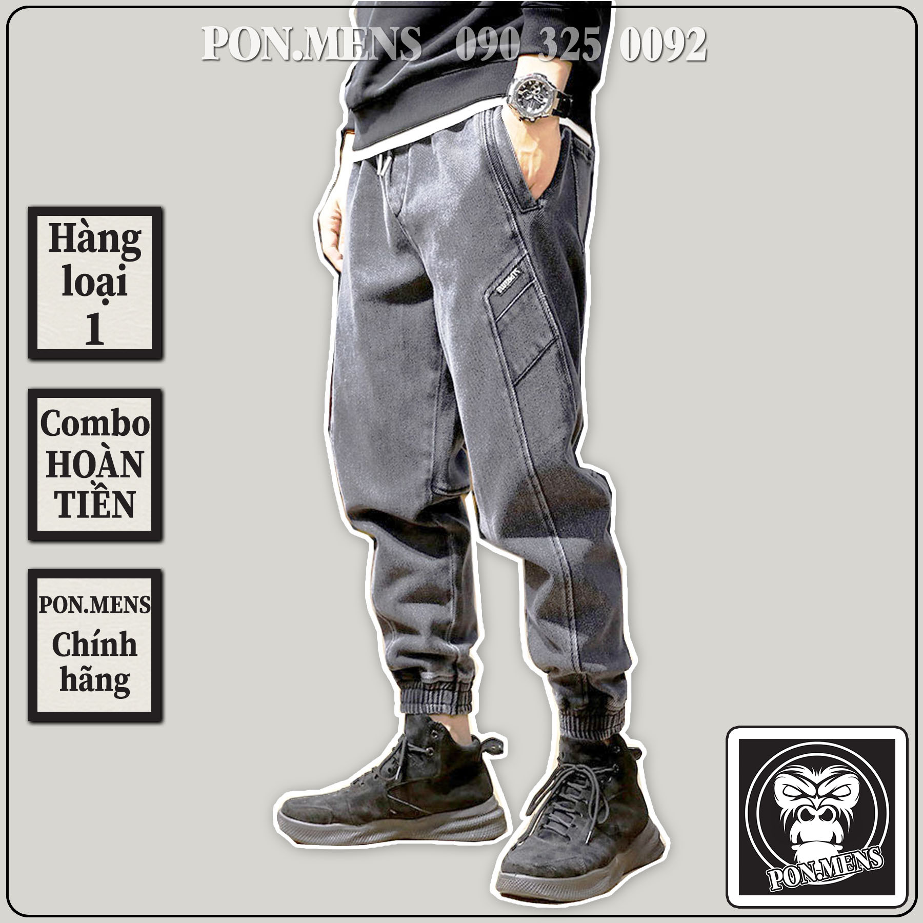 Quần Jeans Jogger nam màu đen xám bó gấu lưng chun dây buộc 302 pon.mens