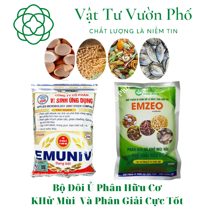 Bộ đôi chế phẩm ví sinh emuniv và emzeo ủ phân nhanh và khử mùi gói 200 gram