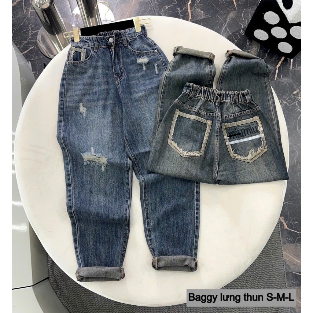 Quần Baggy Jean Vải Xuất Rách Sước Túi Sau Thêu Form Đẹp