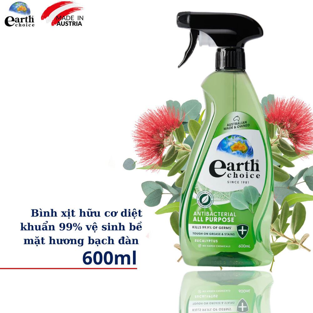 Earth Choice Organic Antibacterial All Purpose Cleaner Spray 600ml - Green Label, Eco-Friendly, Made in Australia