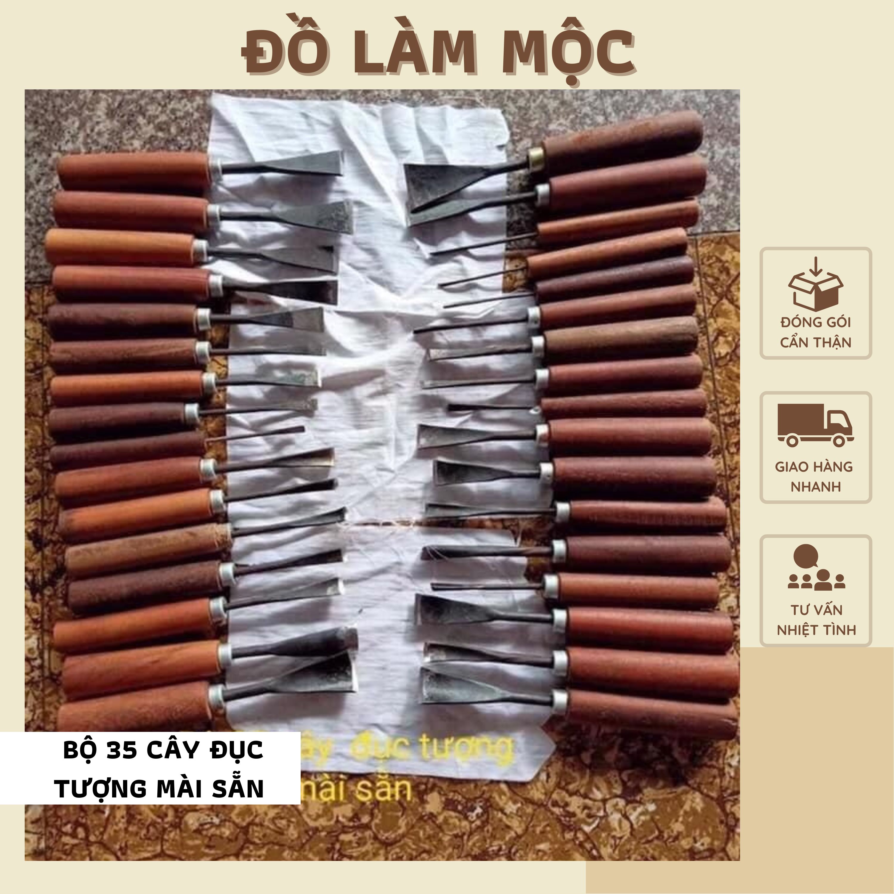 Bộ 35 cây đục điêu khắc gỗ mài sắc tra cán cầm tay đục tượng đục sáo diều