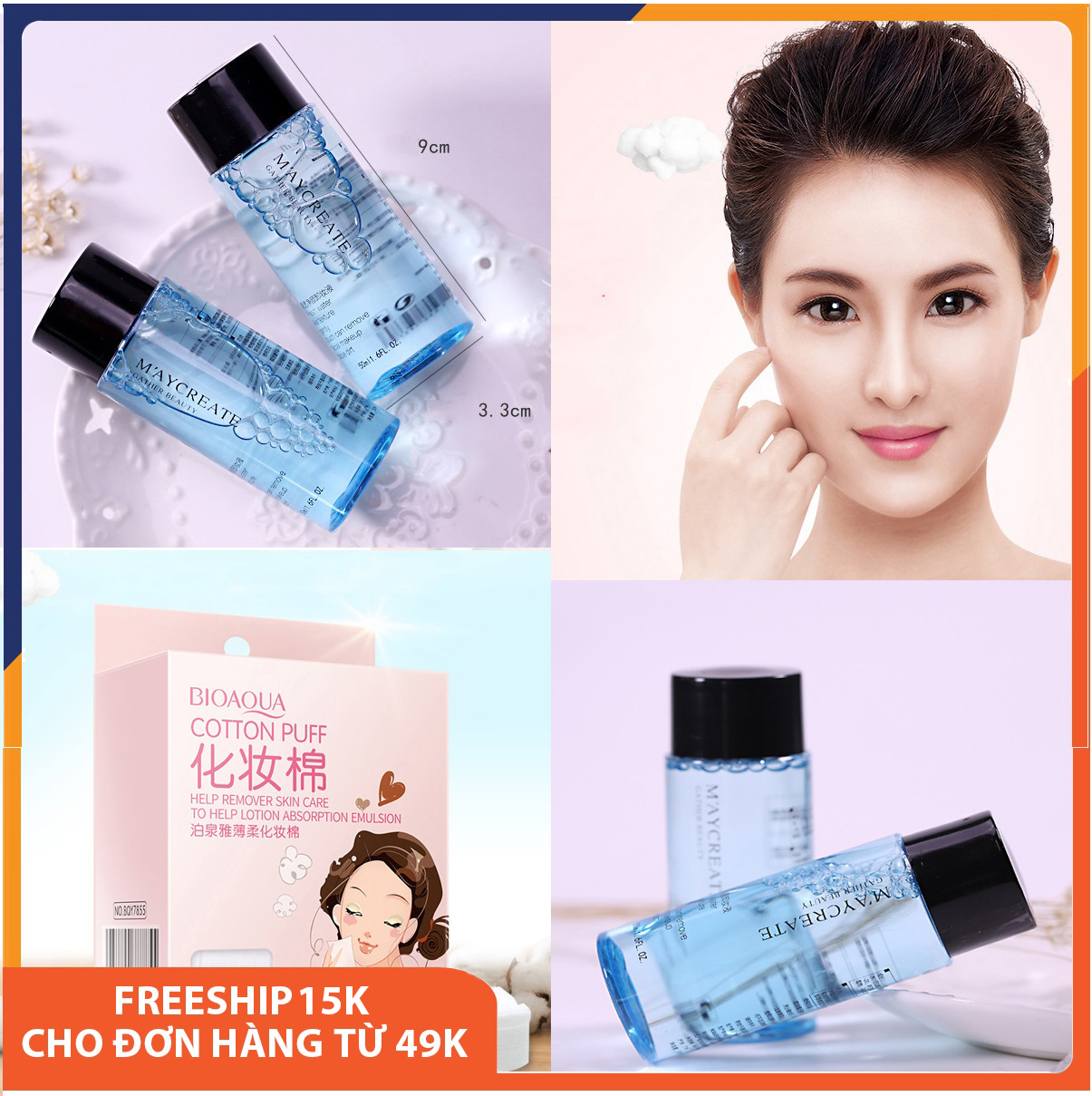 Combo nước tẩy trang và bông tẩy trang: Nước tẩy trang MayCreate 50ml + Hộp 100 miếng bông tẩy trang Bioaqua Melystore SPU135