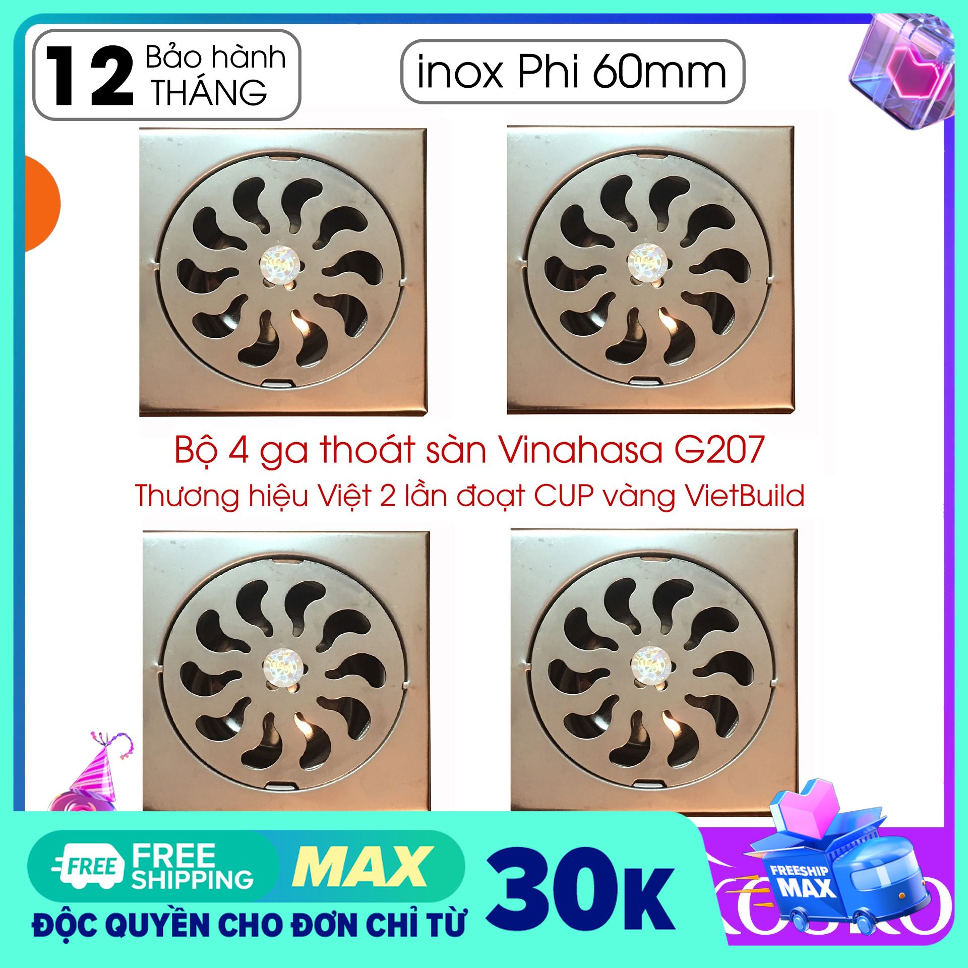 Bộ 4 ga thoát sàn – phễu thoát sàn INOX Vinahasa 10x10cm Phi 60mm Chống Hôi – Lọc Rác 2 lớp hiệu quả G207 (Bảo hành 12 tháng – 1 đổi 1 trong 7 ngày)
