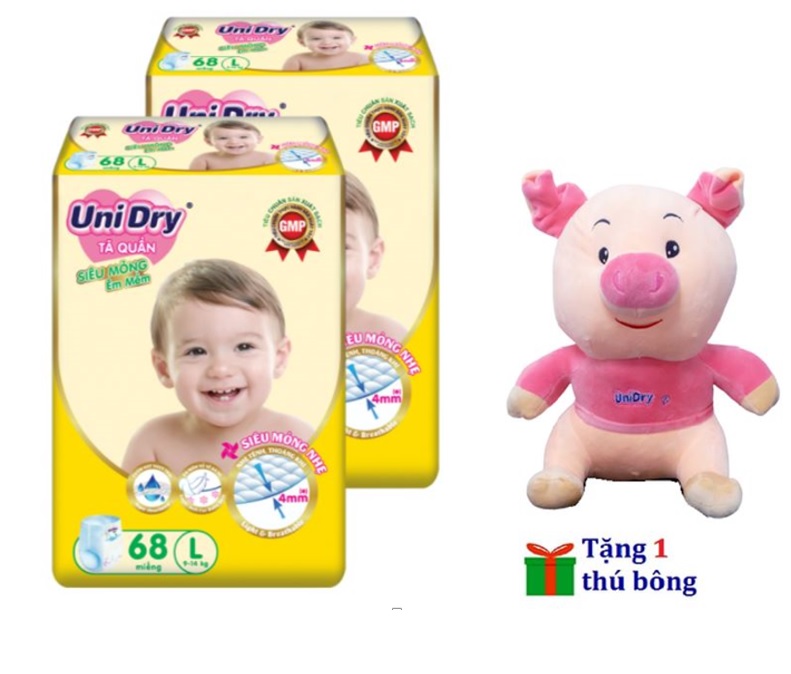 [Tặng 1 thú bông heo mặc áo] combo 2 tã quần Unidry SIÊU MỎNG M74-L68=XL62-XXL56