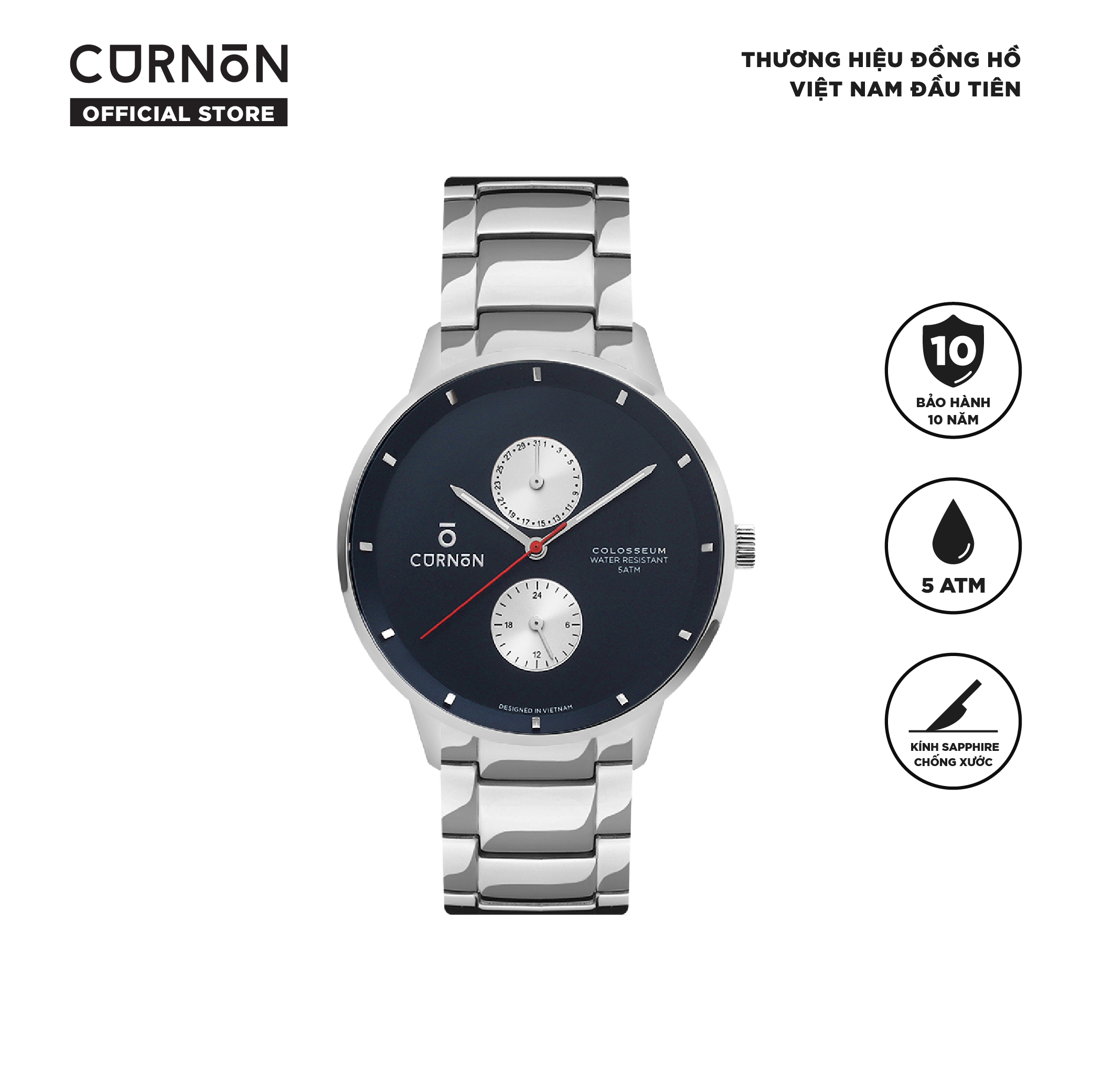 Đồng hồ nam Curnon Colosseum Sterling dây thép cao cấp - Thiết kế mạnh mẽ, thời trang - Kính Sapphire, chống nước 5ATM - Hàng chính hãng