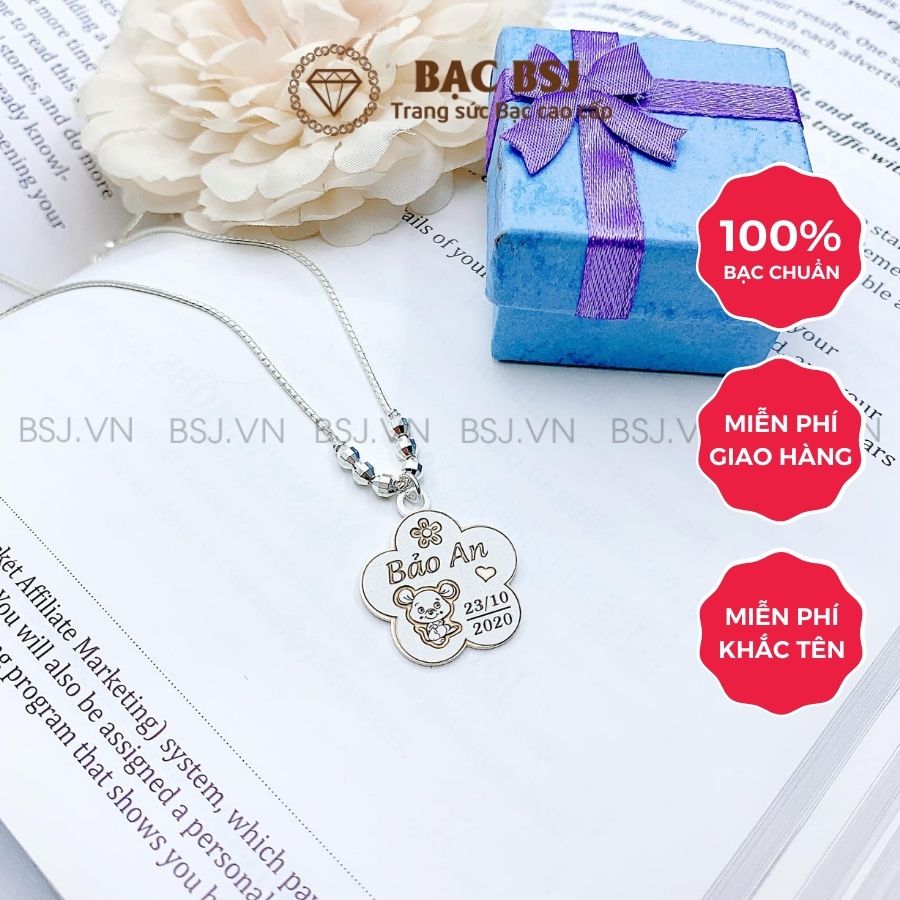 Dây chuyền bạc cho bé gồm dây chuyền + mặt dây chuyền khắc theo yêu cầu mẫu dành cho bé gái từ sơ sinh đến 8 tuổi. Bạc BSJ