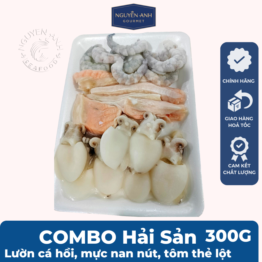 [MỚI] Combo hải sản nấu lẩu Nguyên Anh (mực nan nút,tôm thẻ lột,lườn cá hồi) đặc sản Phú Quốc hải sản tươi sống như cá, tôm tươi, mực tươi loại  300gr Hải Sản Nguyên Anh. [1 Combo/2 người ăn]