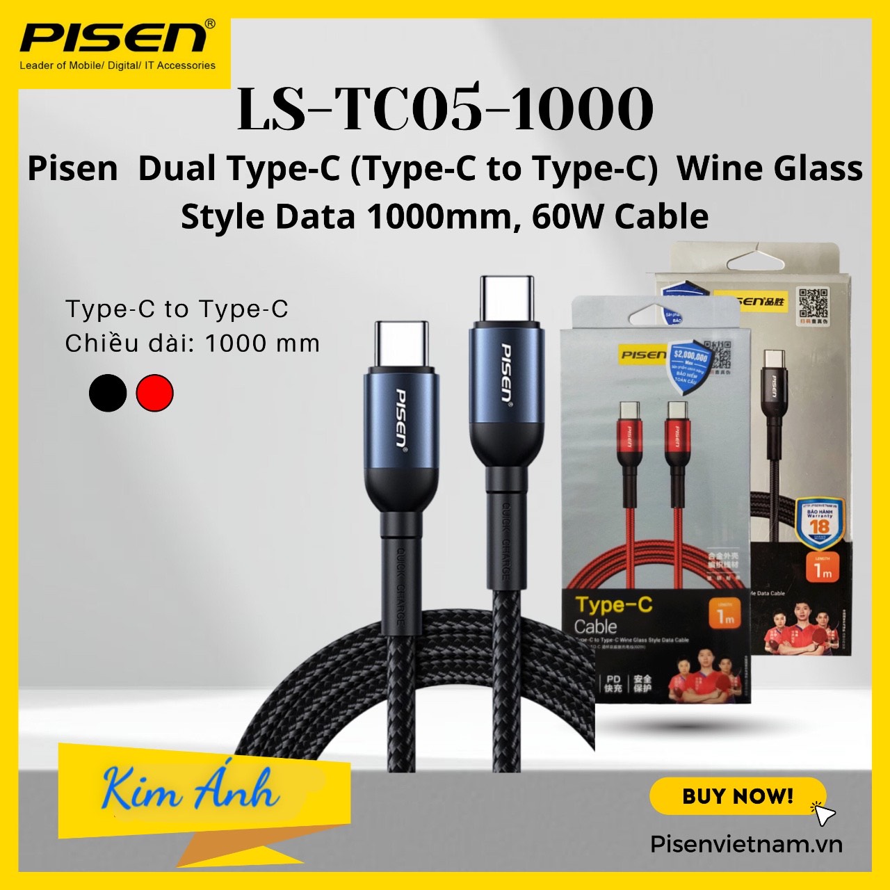 Dây sạc nhanh Pisen Dual Type-CWine Glass Style Data 1000mm, 60W