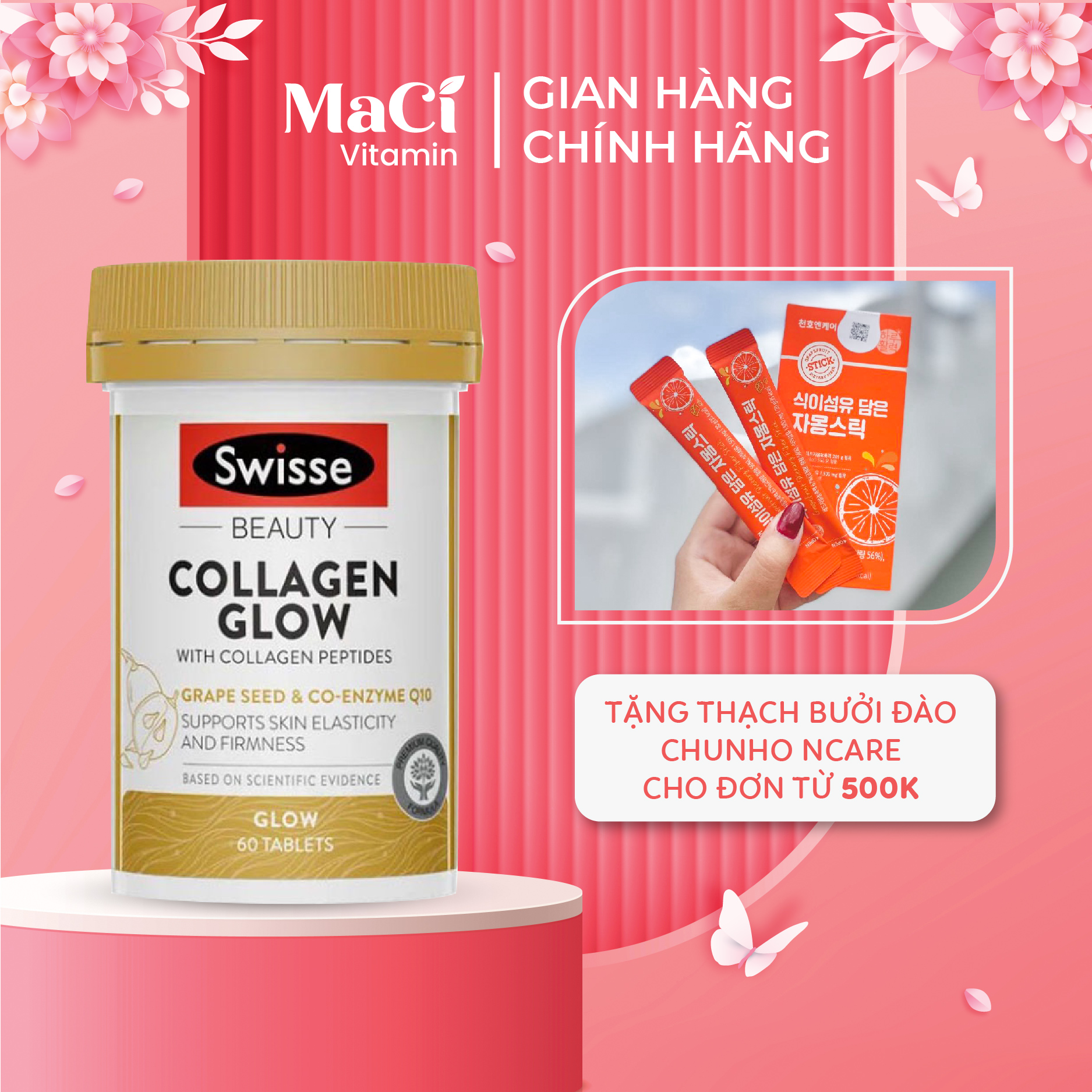 Collagen Glow Swisse Hỗ trợ làm đẹp da với vitamin C, vitamin E 60 viên MaCi