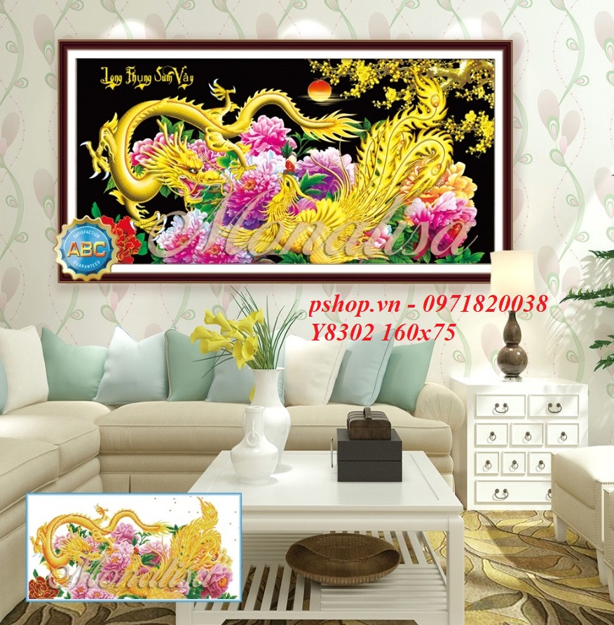 Tranh đính đá Long Phụng sum vầy - rồng phượng bên hoa mẫu đơn khổ lớn 160x75 cm DY8302