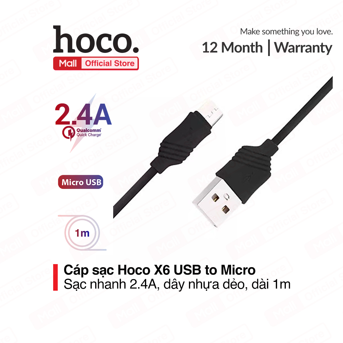 Cáp sạc Micro USB Hoco X6 sạc nhanh 2.4A MAX dây sạc được làm từ chất liệu ABS TPE siêu bền dành cho điện thoại android dài 100cm tương thích với nhiều thiết bị