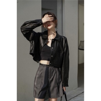 Áo khoác da dáng lửng croptop basic có cúc bấm phong cách retro