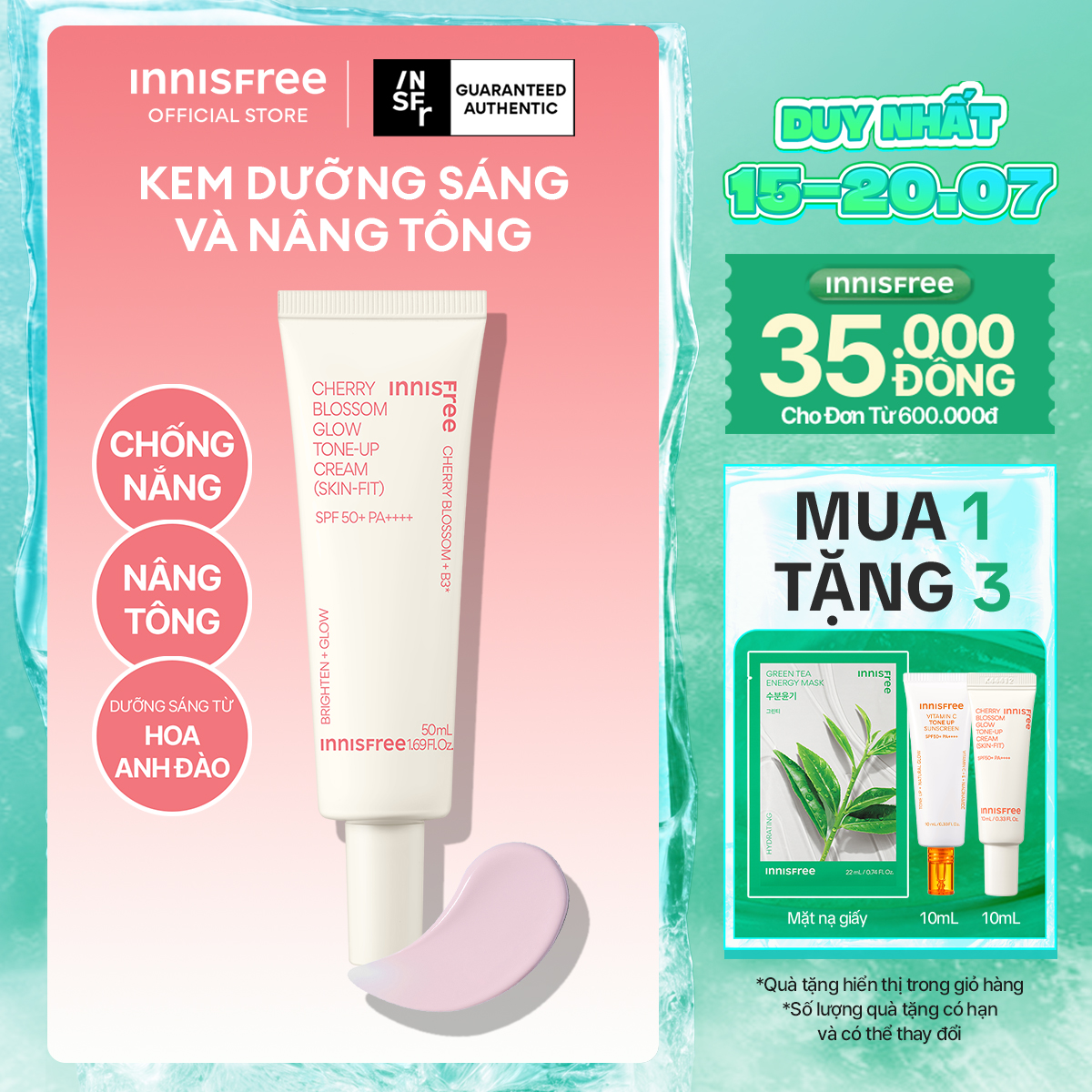 Kem dưỡng ẩm làm sáng chống nắng cho da INNISFREE Jeju Cherry Blossom Skin-Fit Tone-Up Cream SPF 50+PA++++ 50ml