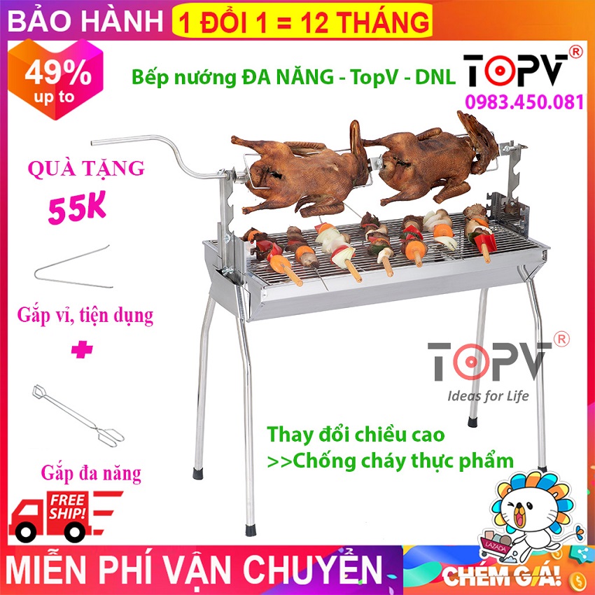 Bếp nướng than hoa đa năng TOPV: Nướng 2 trong 1, lò nướng than Inox bền sạch, lò quay vịt gia đình, bếp nướng than DNL