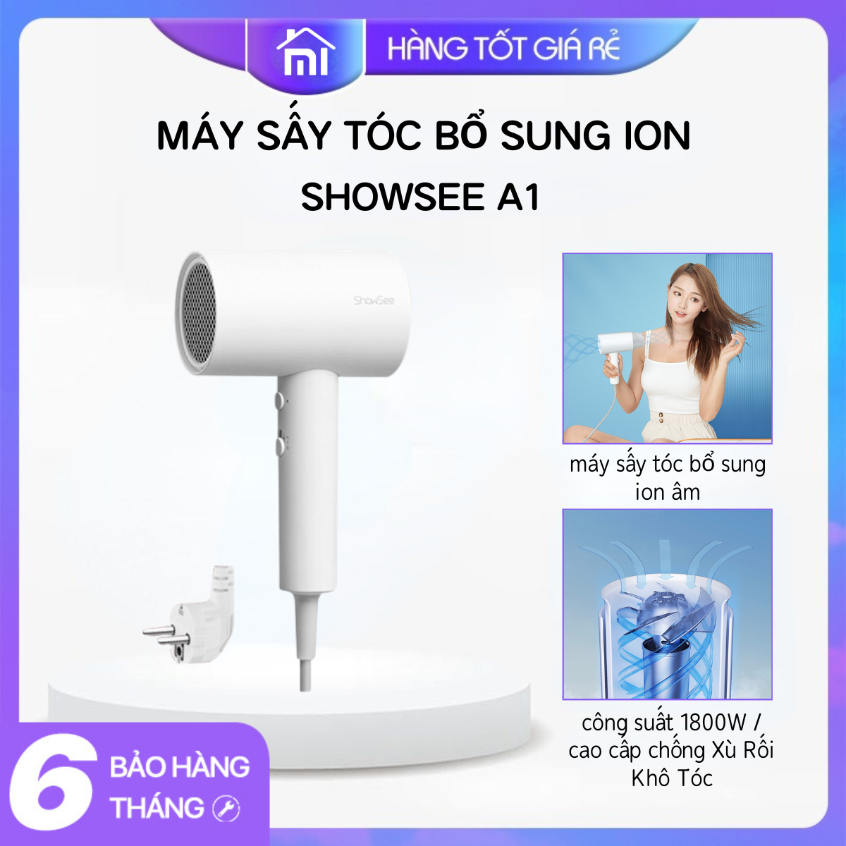 (bản quốc tế) Máy sấy tóc bổ sung ion âm SHOWSEE A1 -W -công suất 1800W / cao cấp Chống Xù Rối Khô Tóc - Mijia