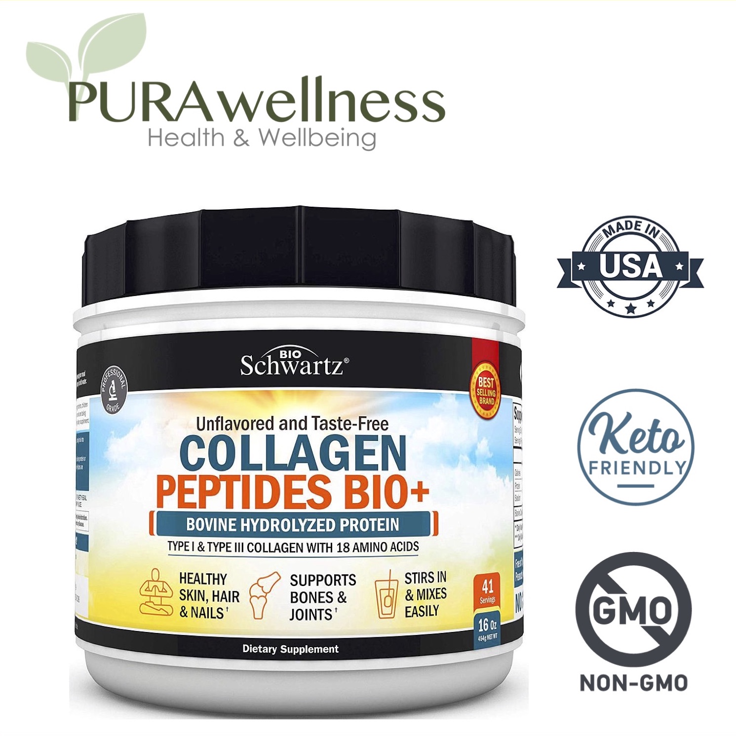 Bột Collagen thuỷ phân BIOSCHWARTZ COLLAGEN PEPTIDES BIO+ POWDER 454G