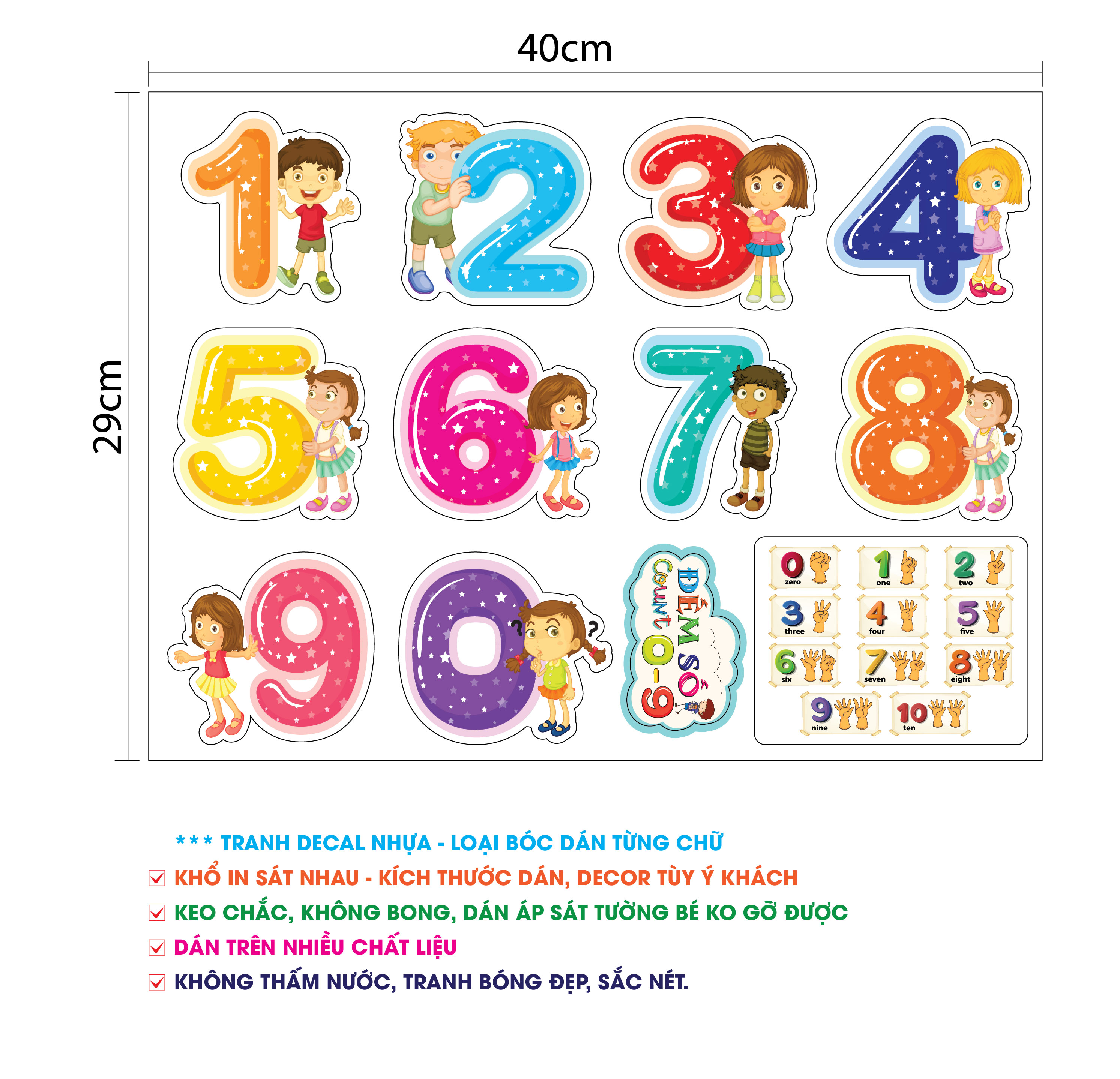 Bé học Đếm Từ 0-9 (Bóc dán từng số- decal nhựa, keo tốt, màu bóng đẹp)
