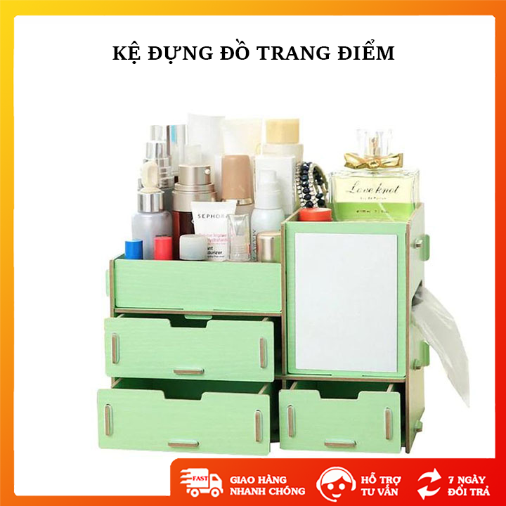 Kệ đừng đồ trang điểm 4 tầng chất liệu gỗ ép lắp ráp dễ dàng, khay đựng mỹ phẩm đa năng có gương - GD0879