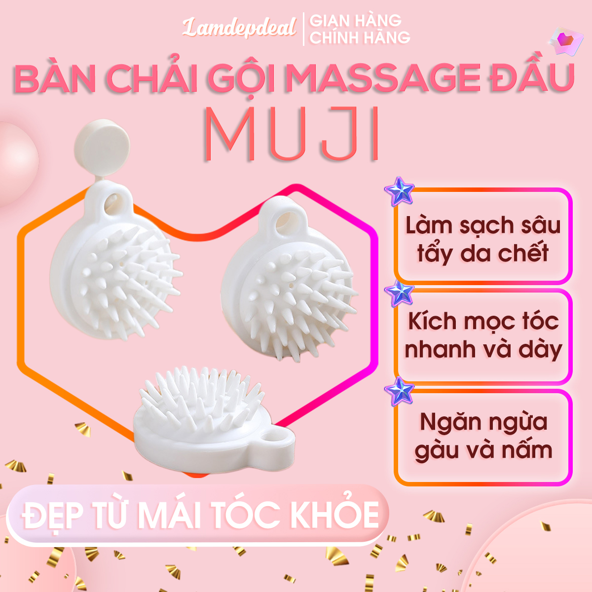 Bàn chải gội đầu MUJI kết hợp massage da đầu bằng túi khí - Kích thích mọc tóc, giúp tóc chắc khỏe - Tăng cường lưu thông máu, giảm stress, trẻ hóa da đầu. - Lamdepdeal
